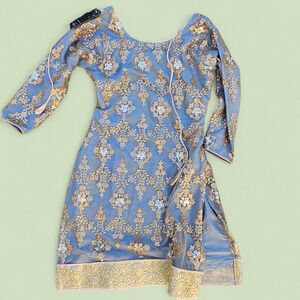 NEW LashkaraaBlue Gold Embroidered Pakistani Indian Formal Dress Size X-Small
